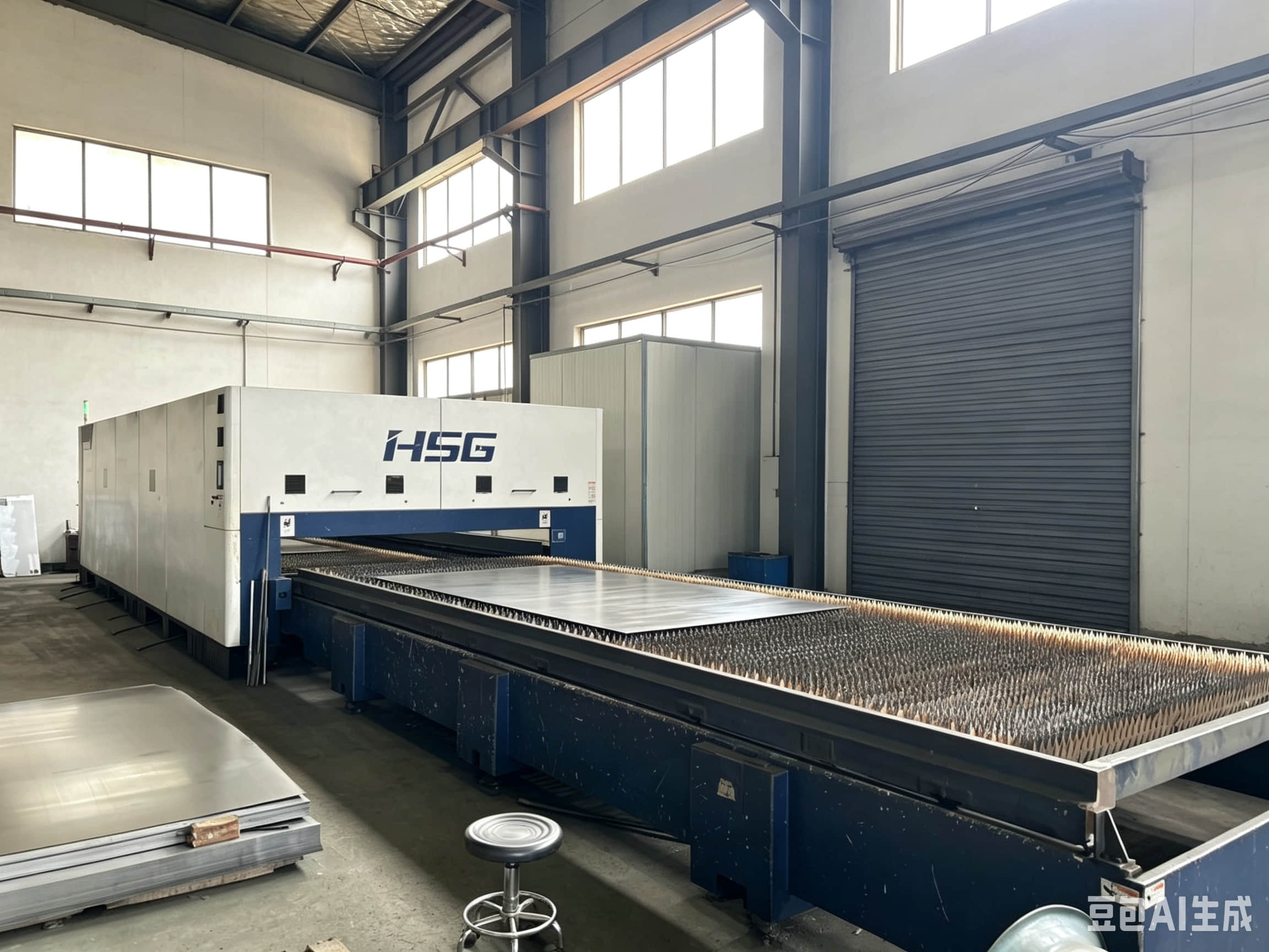 A large laser cutting machine precisely cuts steel plate for industrial damper components.