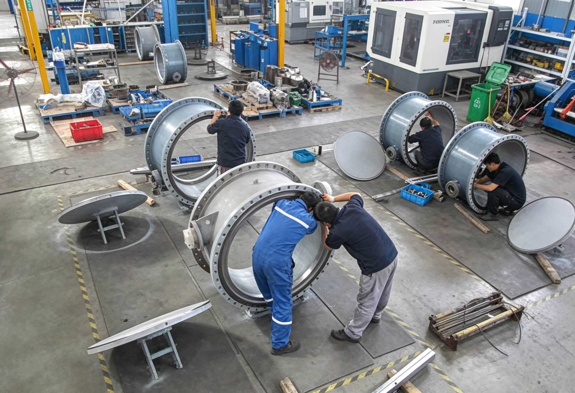 Workers maintain several large-diameter round flue butterfly dampers in the workshop.